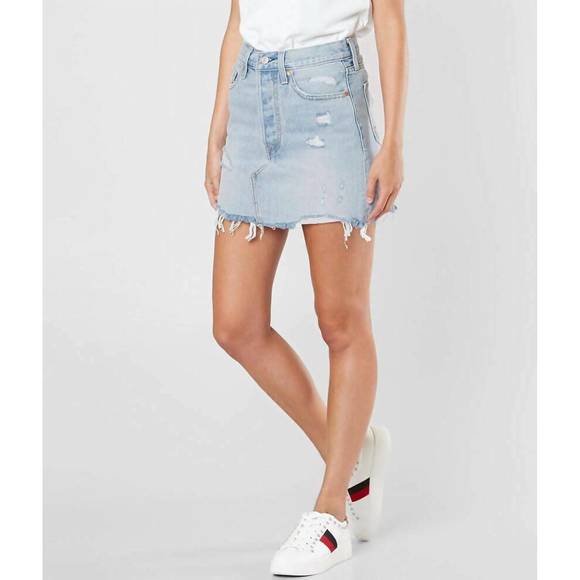 NEW LEVI'S denim distressed raw hem cotton mini skirt in blue - Picture 4 of 6